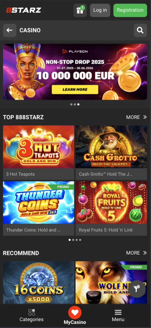 The 888Starz app offers the same range of casino games as the official website.
