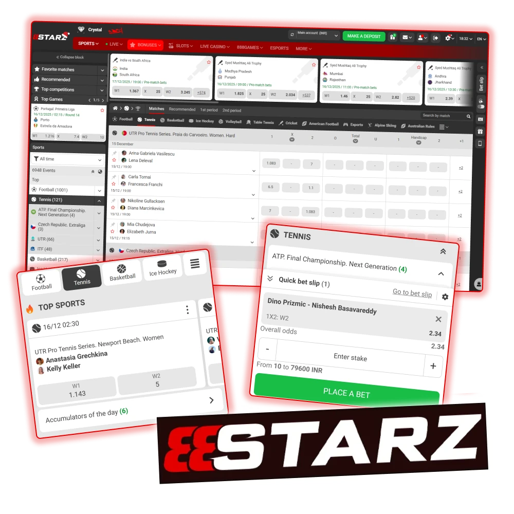 Place bets on your favorite tennis player on the official 888Starz website.