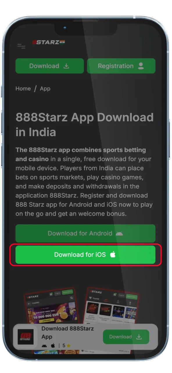 Press iOS button to join 888Starz India.